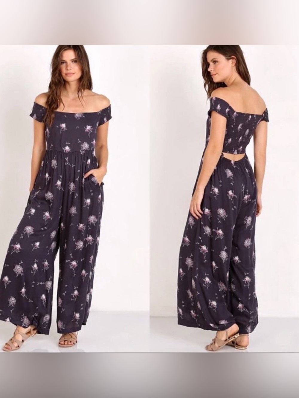 Free People Aster Jumpsuit Floral Wide Leg Blue Off The Shoulder Size Small